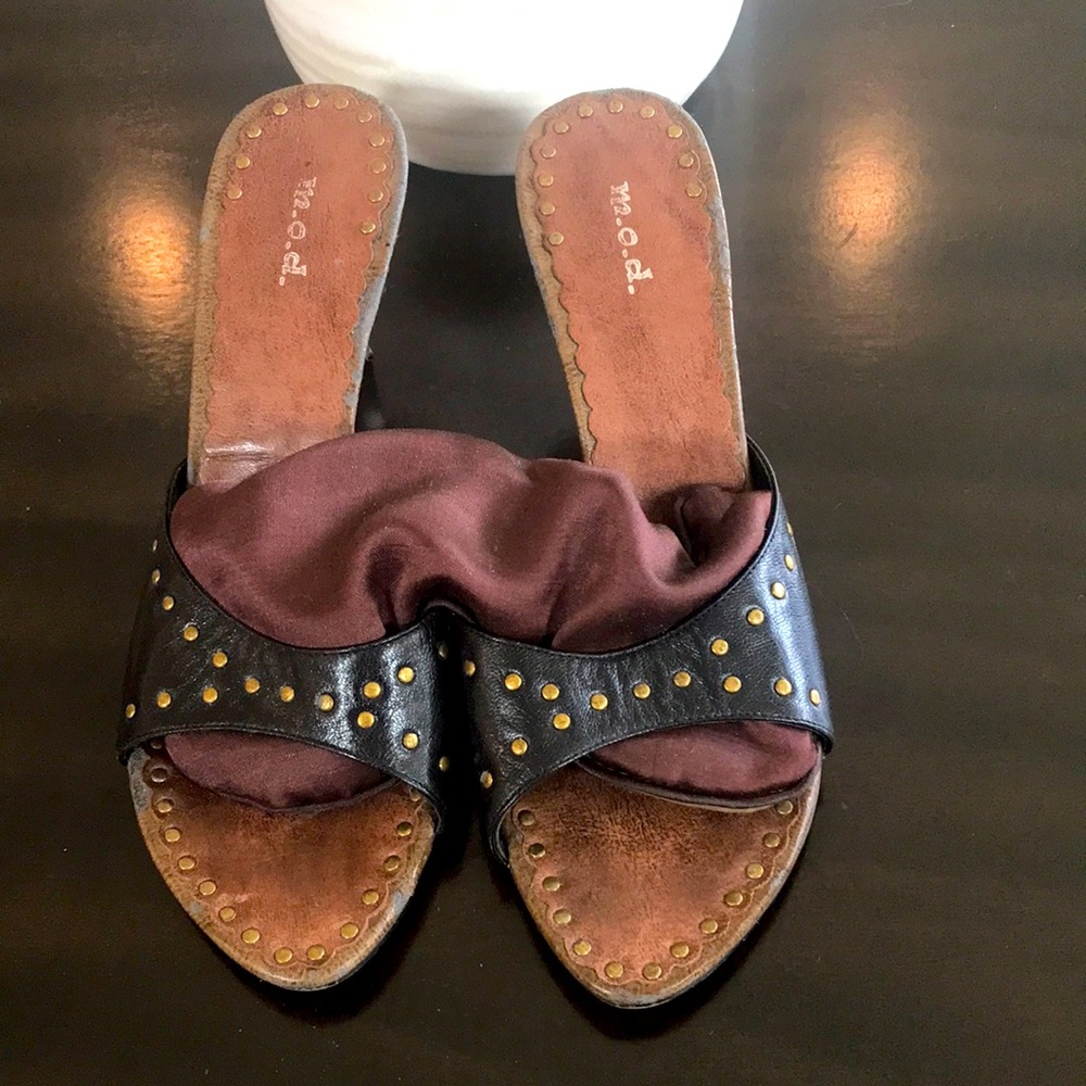 Brown and Black Leather Mules with Gold Stubs